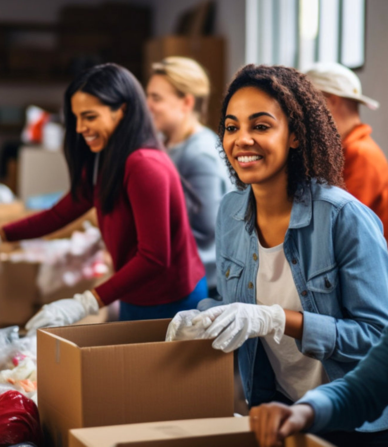 group of people holding box